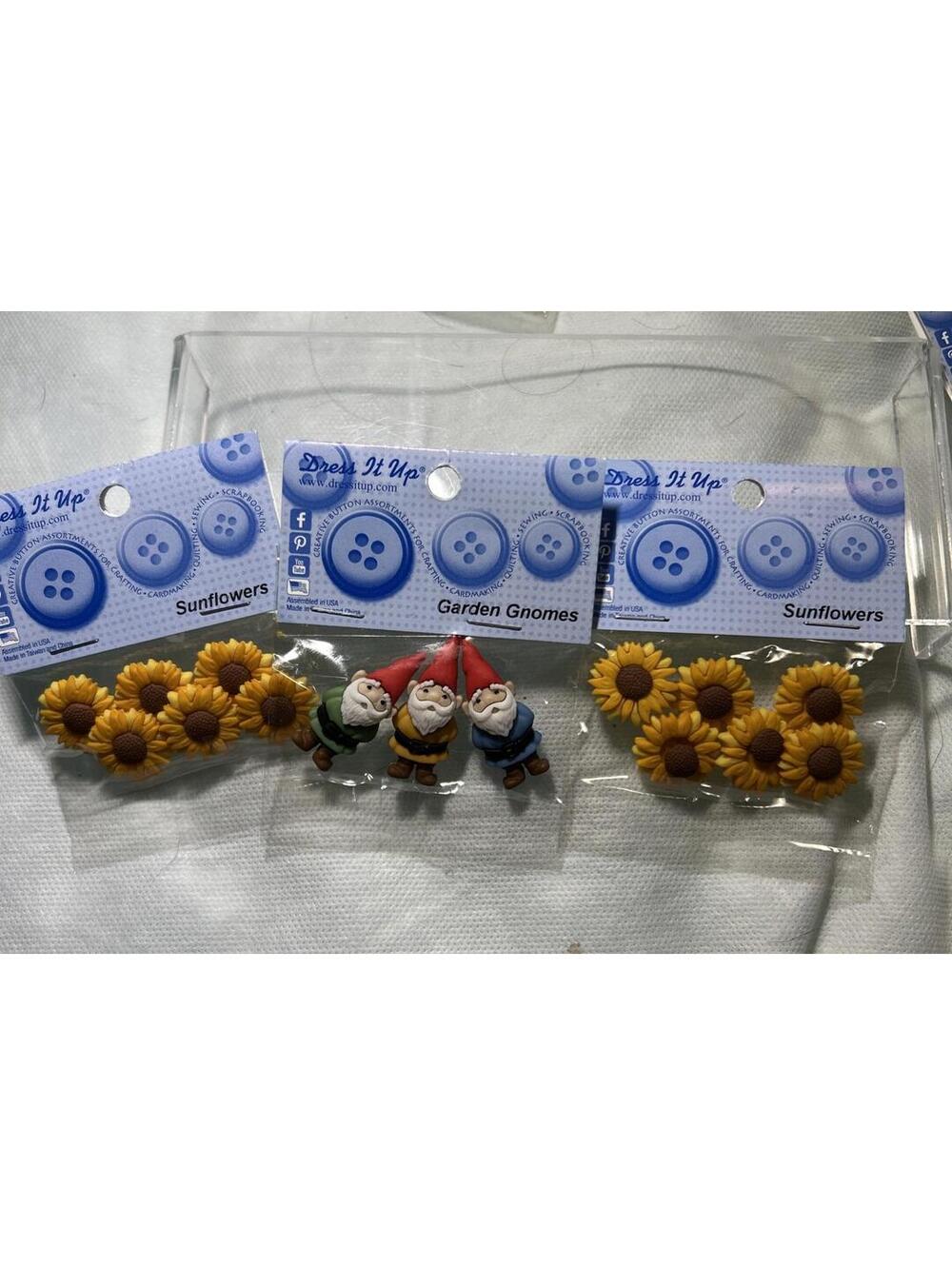 Dress It Up Sewing Crafts Buttons Spring 3D Garden Gnomes Sunflowers Set of 3